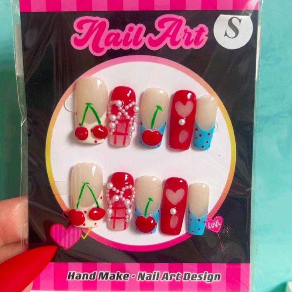 Y2K HANDMADE CUTE CHERRIES FAKE NAIL SET NEW SMALL